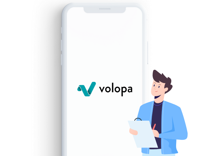 Man pointing looking at Volopa app